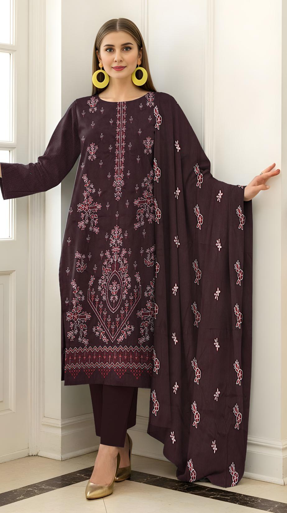 Fine Karandi Full Hevay Emb Shirt  Dyed Karandi Full Emb Dupatta Plain Dyed Trouser