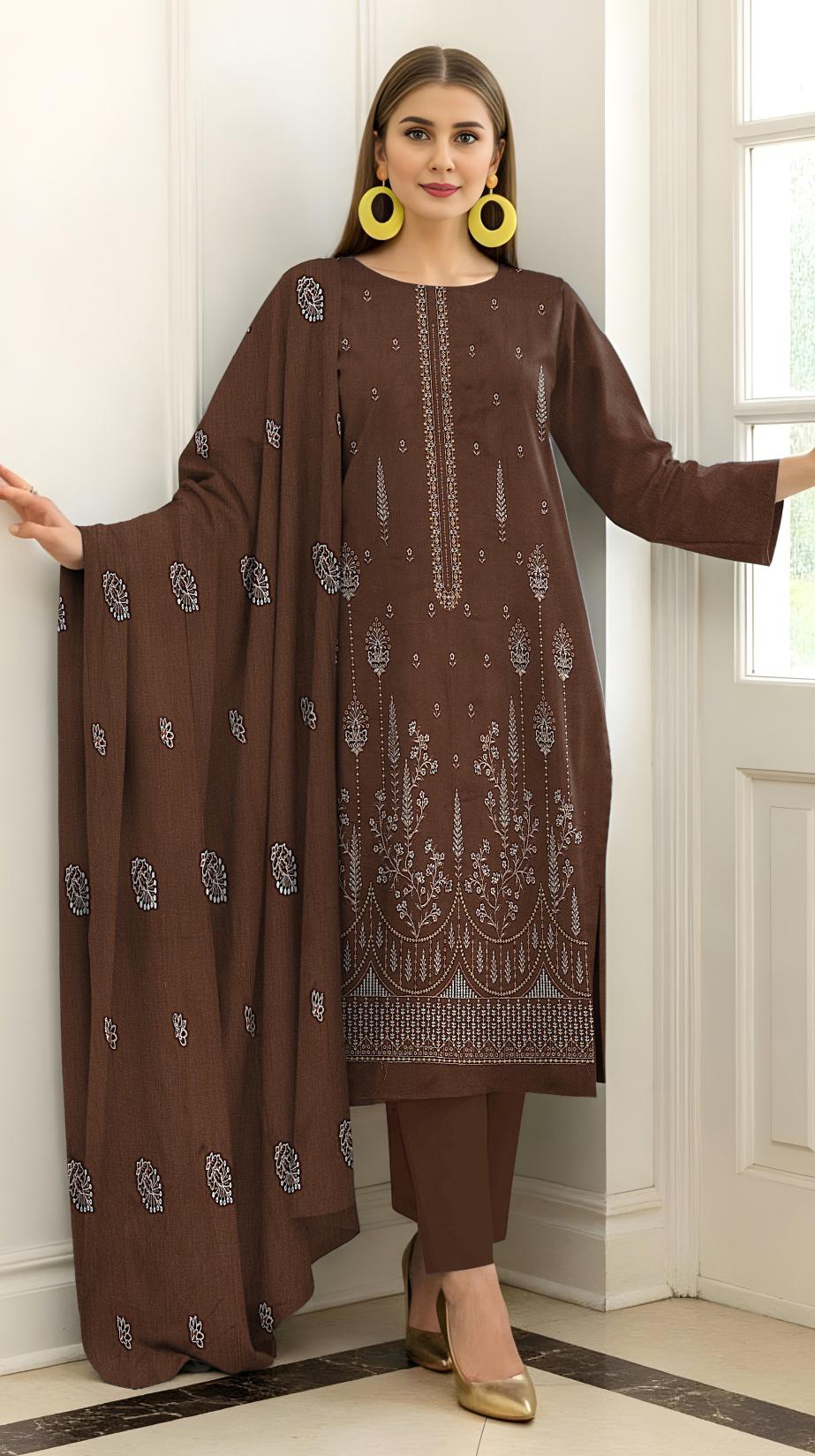 Fine Karandi Full Hevay Emb Shirt  Dyed Karandi Full Emb Dupatta Plain Dyed Trouser