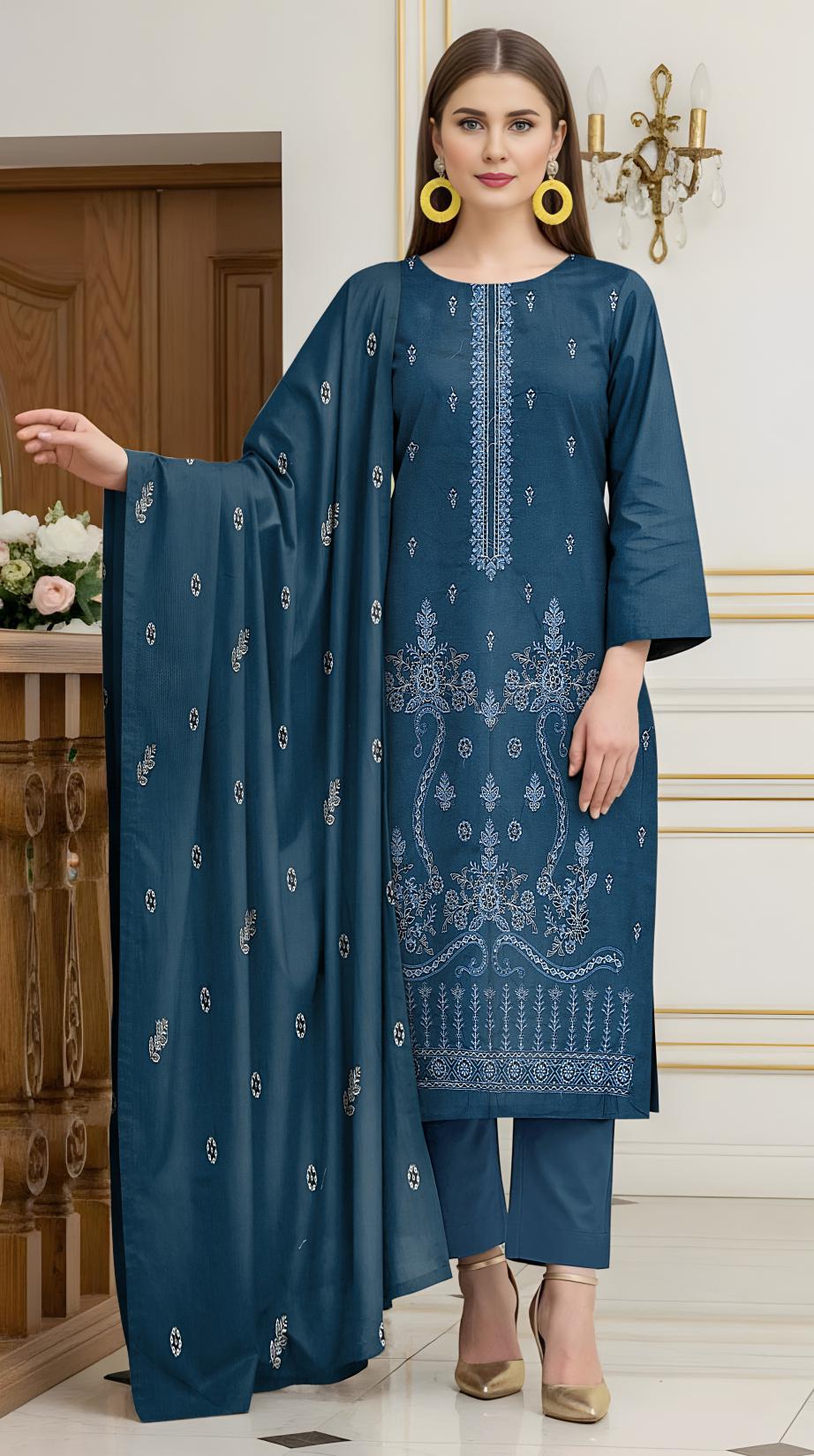Fine Karandi Full Hevay Emb Shirt  Dyed Karandi Full Emb Dupatta Plain Dyed Trouser