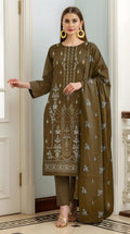 Fine Karandi Full Hevay Emb Shirt  Dyed Karandi Full Emb Dupatta Plain Dyed Trouser