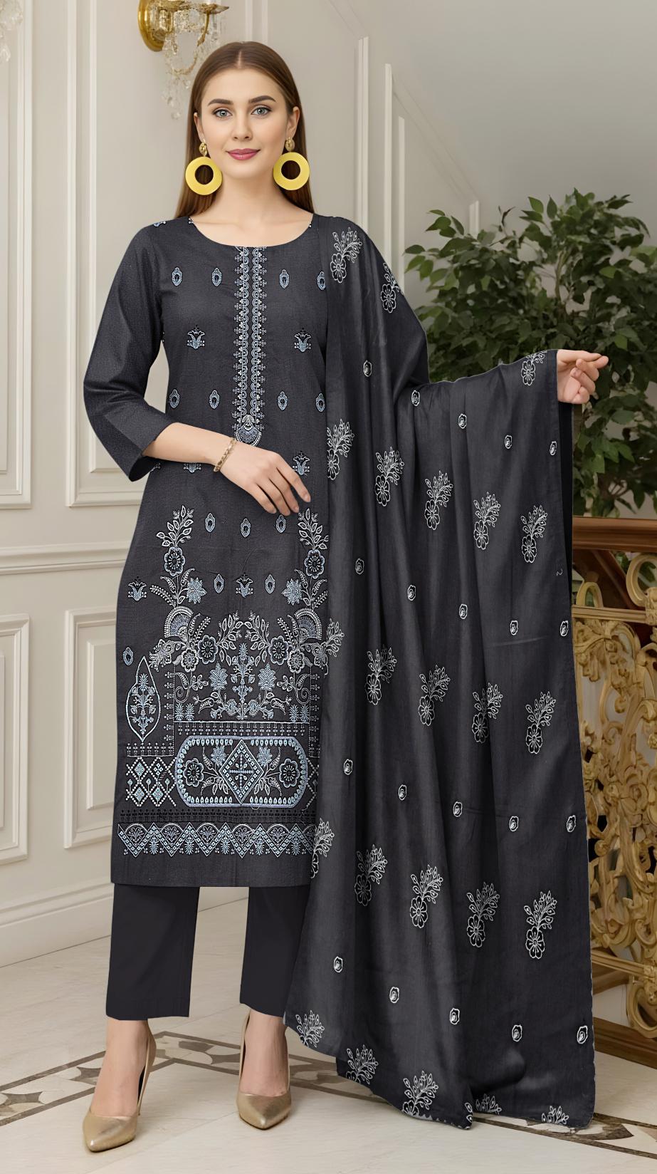 Fine Karandi Full Hevay Emb Shirt  Dyed Karandi Full Emb Dupatta Plain Dyed Trouser