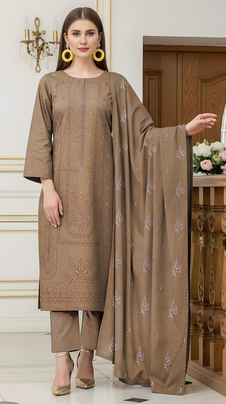 Fine Karandi Full Hevay Emb Shirt  Dyed Karandi Full Emb Dupatta Plain Dyed Trouser