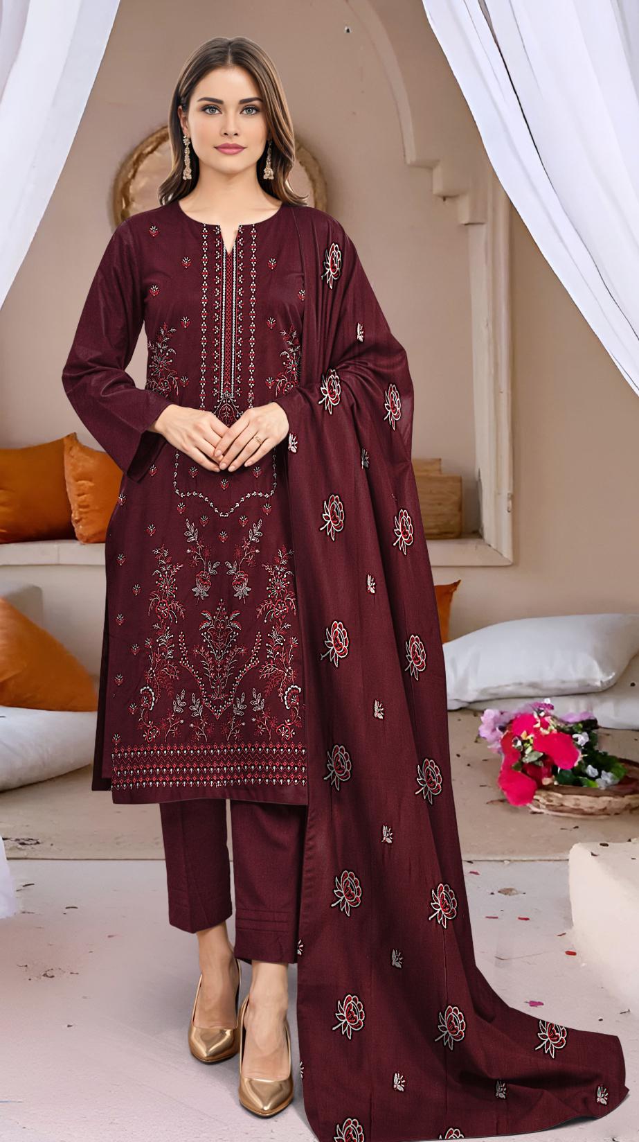 Fine Dhanak Full Hevay Emb Shirt Dyed Dhanak Full Emb Dupatta Plain Dyed Trouser