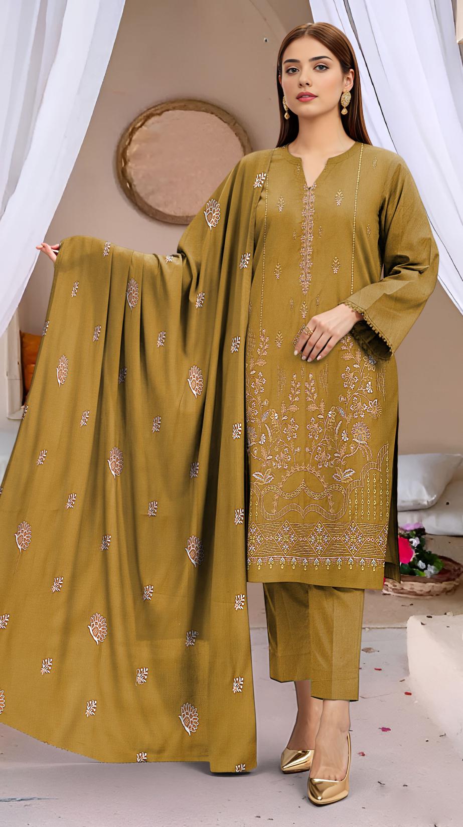 Fine Dhanak Full Hevay Emb Shirt Dyed Dhanak Full Emb Dupatta Plain Dyed Trouser
