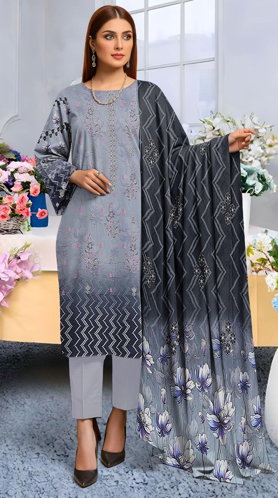 Digital printed Viscous Emb Shirt Digital Bamber Dupatta Plain Dyed Trouser