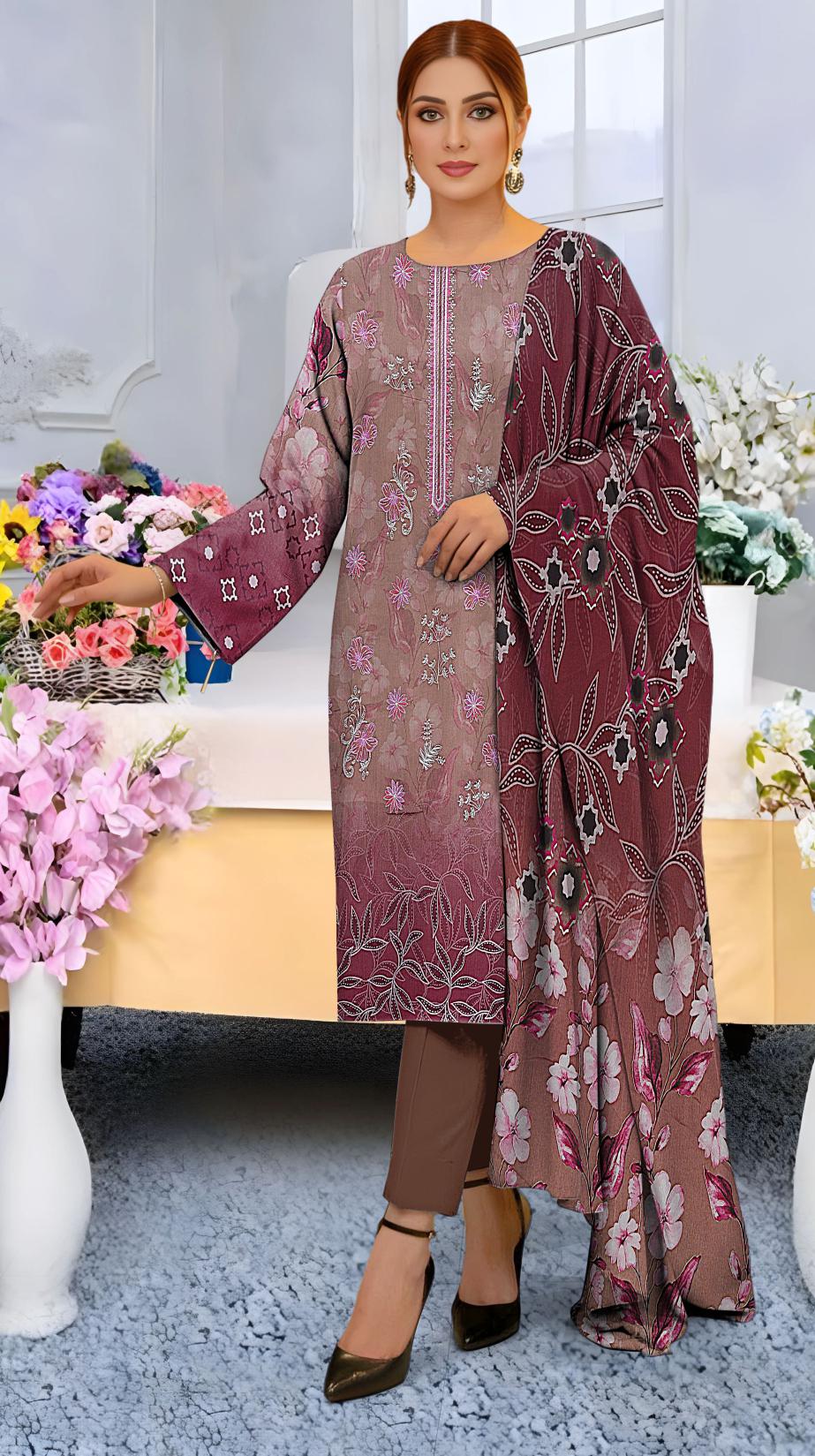 Digital printed Viscous Emb Shirt Digital Bamber Dupatta Plain Dyed Trouser