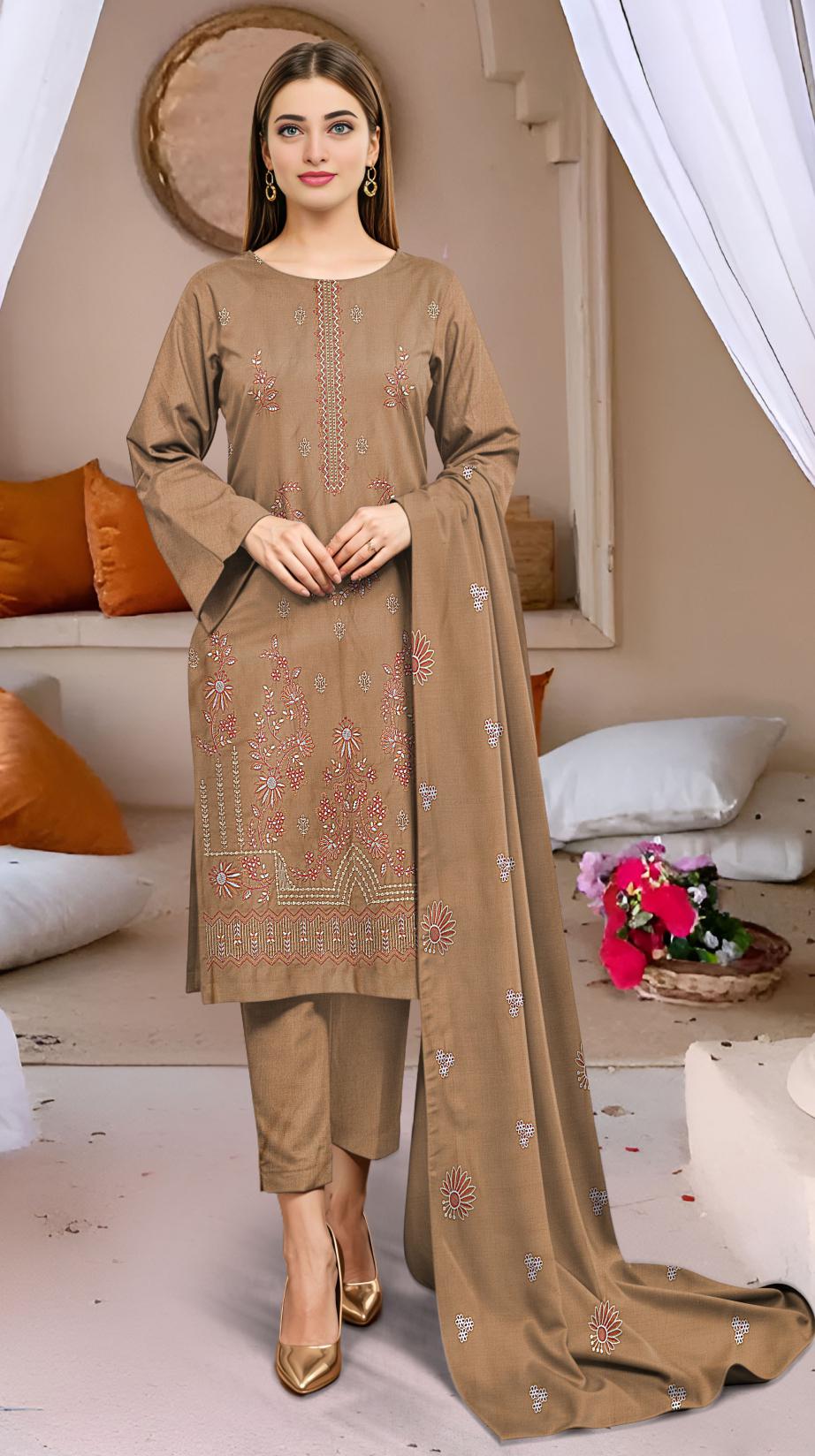 Fine Dhanak Full Hevay Emb Shirt Dyed Dhanak Full Emb Dupatta Plain Dyed Trouser