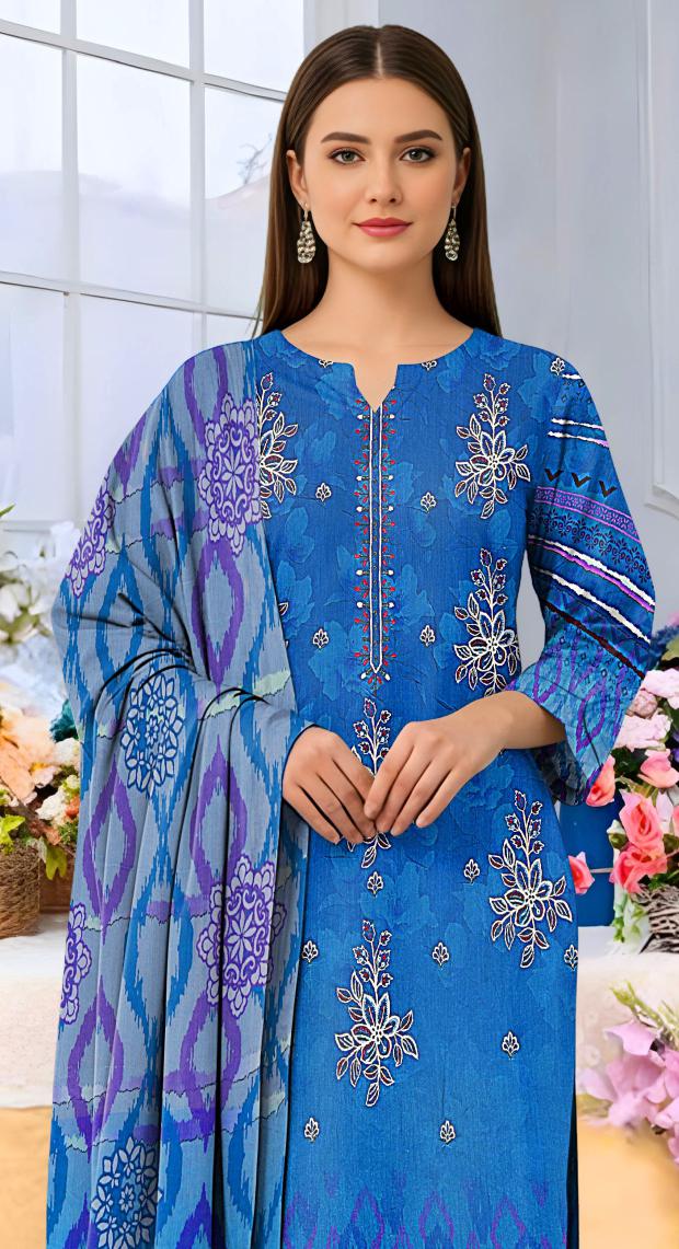 Digital printed Viscous Emb Shirt Digital Bamber Dupatta Plain Dyed Trouser