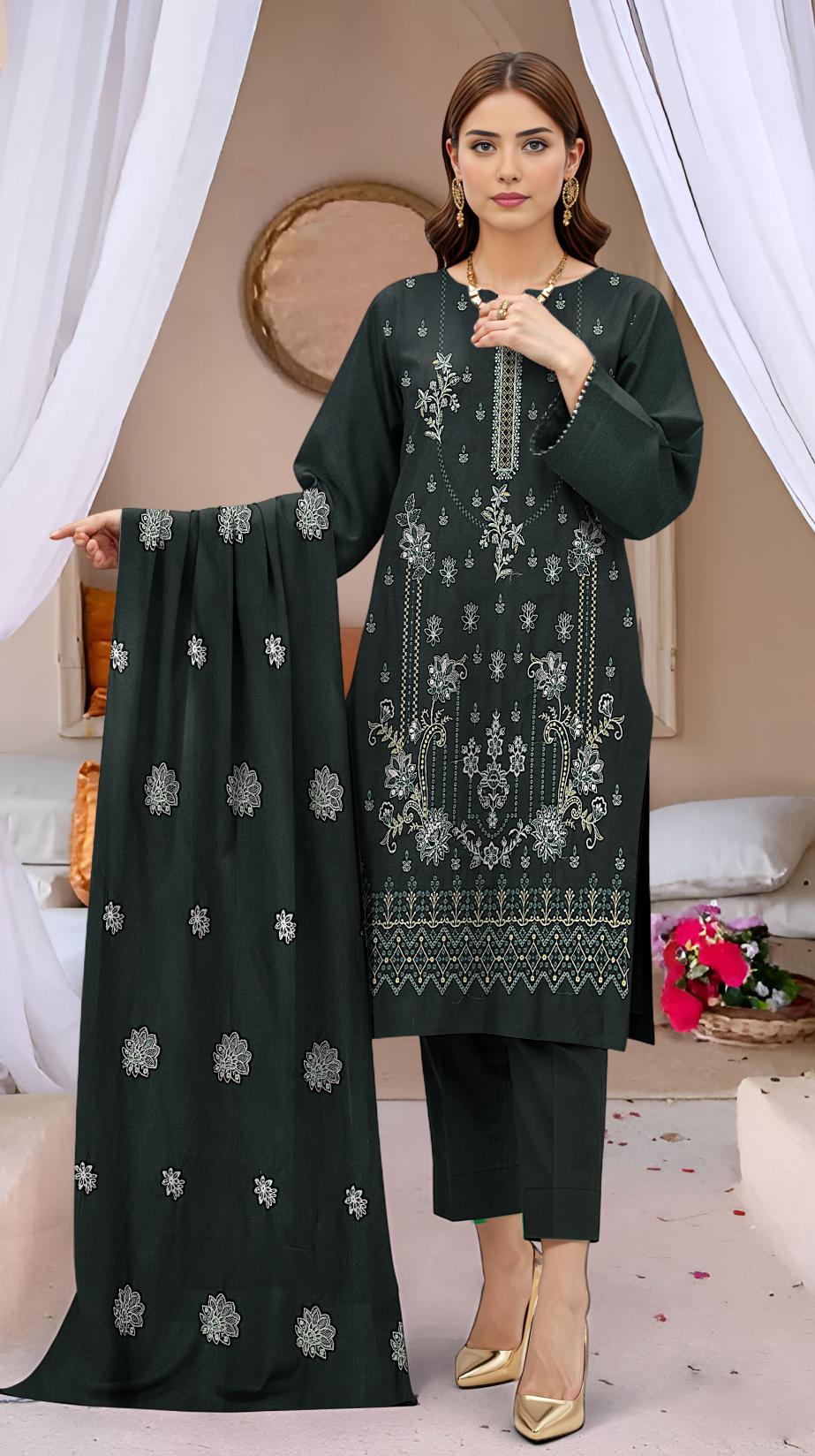 Fine Dhanak Full Hevay Emb Shirt Dyed Dhanak Full Emb Dupatta Plain Dyed Trouser