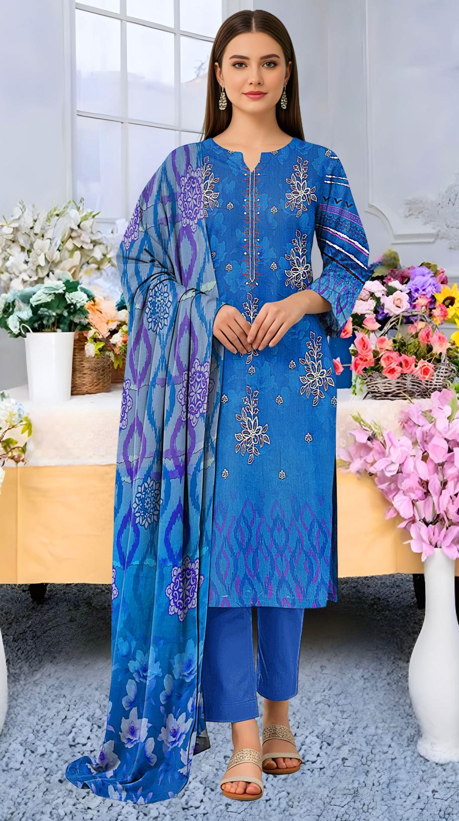 Digital printed Viscous Emb Shirt Digital Bamber Dupatta Plain Dyed Trouser
