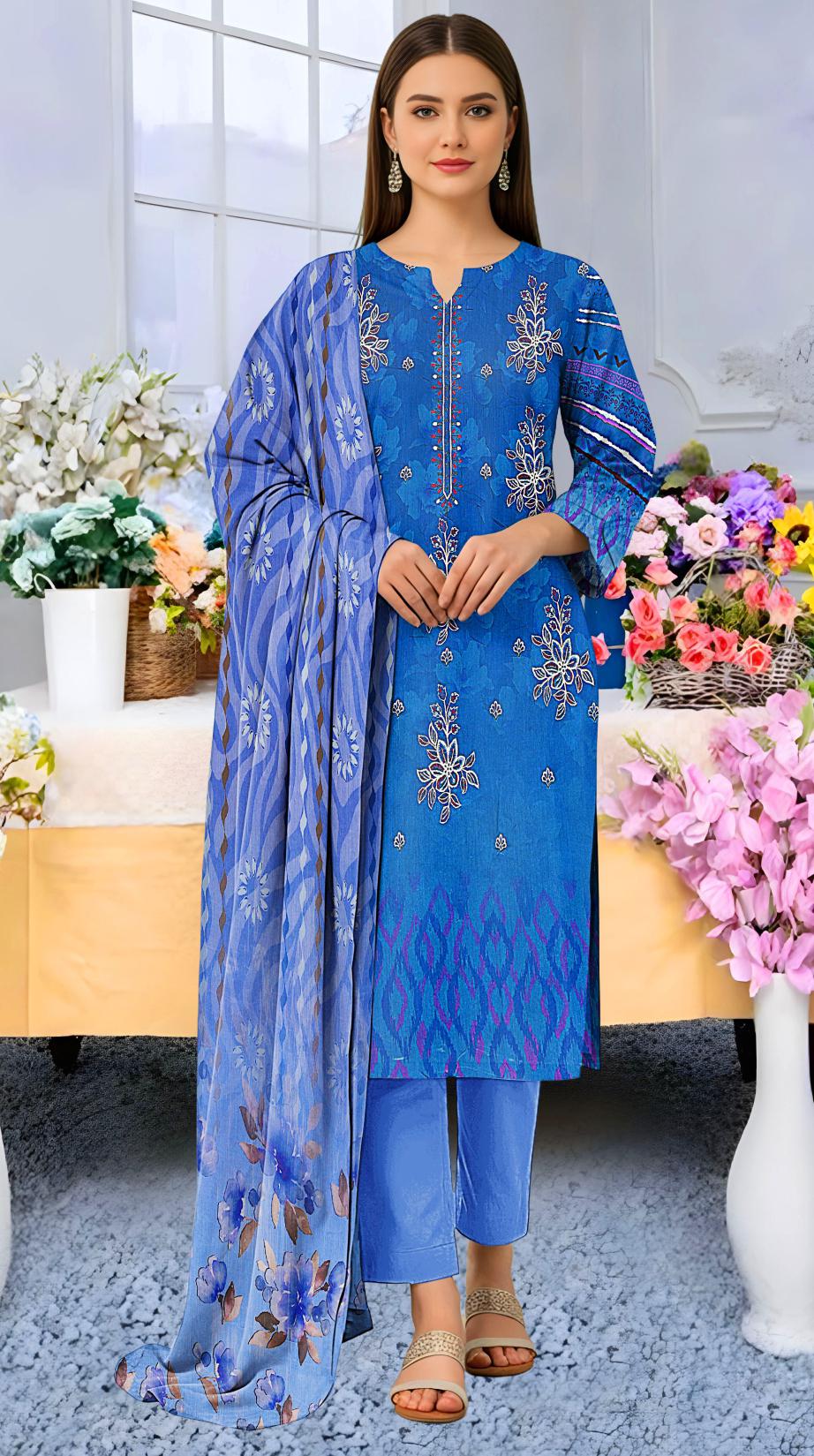 Digital printed Viscous Emb Shirt Digital Bamber Dupatta Plain Dyed Trouser