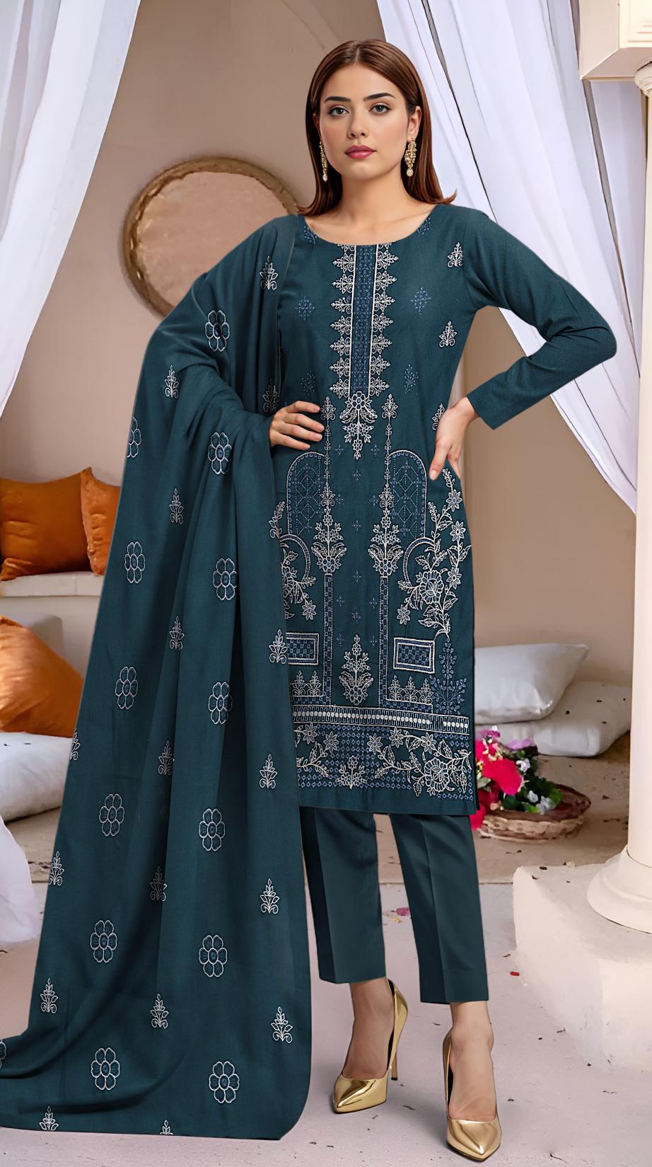 Fine Dhanak Full Hevay Emb Shirt Dyed Dhanak Full Emb Dupatta Plain Dyed Trouser