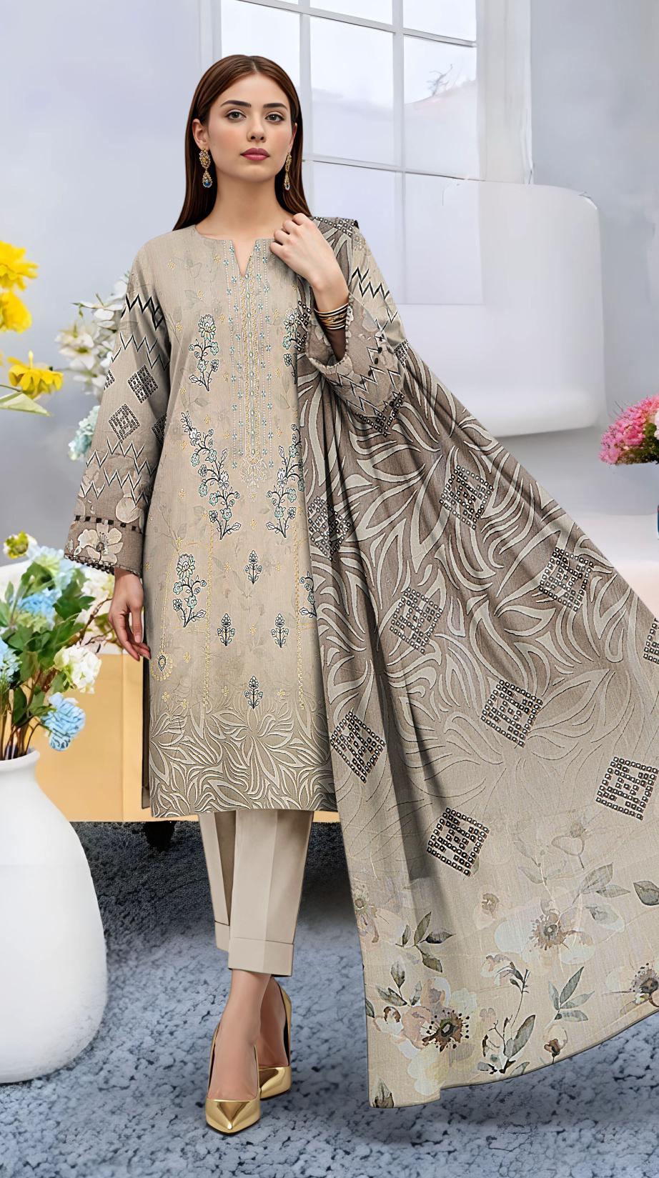 Digital printed Viscous Emb Shirt Digital Bamber Dupatta Plain Dyed Trouser